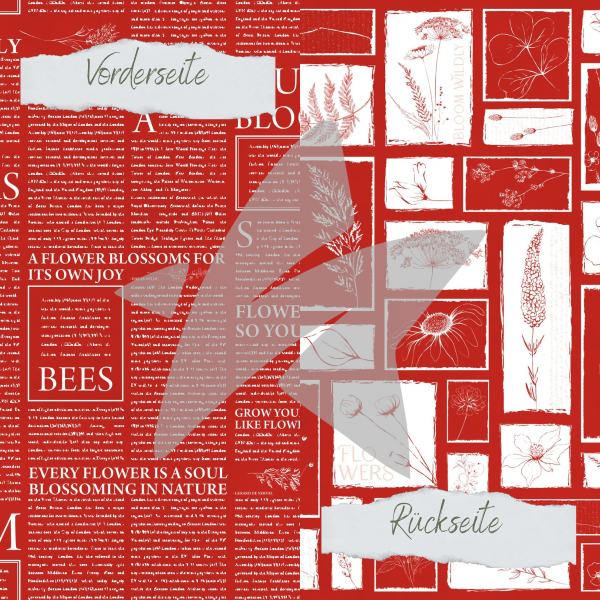Designpapier - Basic - Chilirot - Newspaper + Wildflowers - Doppelseitig bedruckt